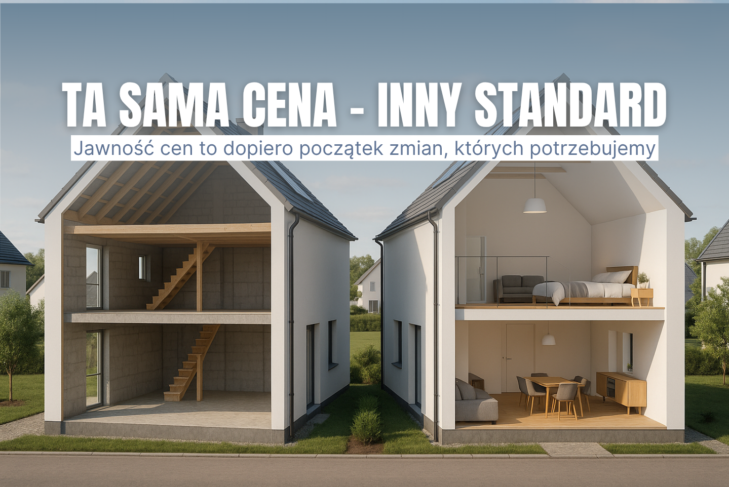 Porównanie dwóch domów jednorodzinnych – jeden w stanie surowym, drugi gotowy do zamieszkania. Wizualizacja różnicy standardu przy podobnej cenie. Temat ustawy o jawności cen mieszkań.